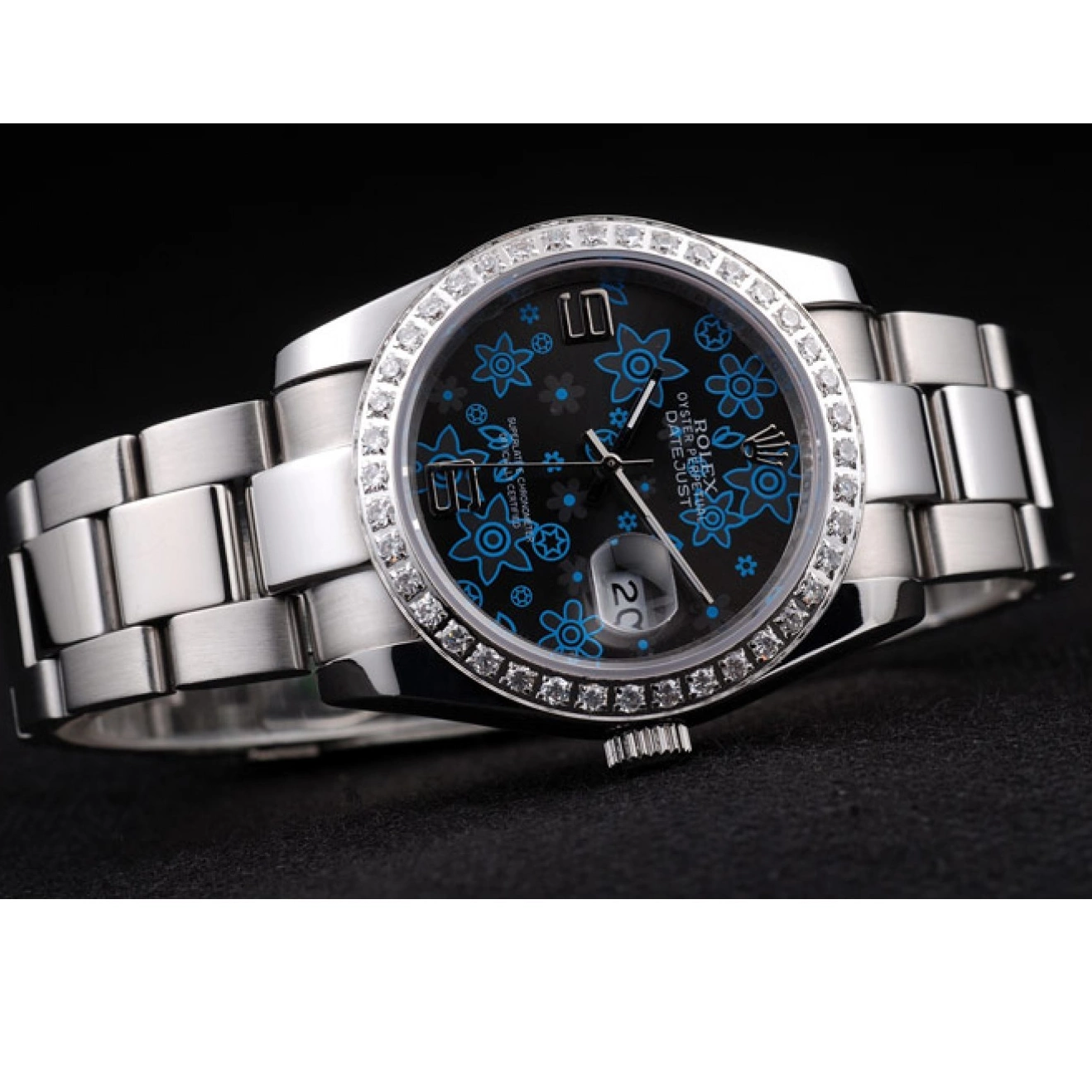 Good copy rolex watches Dial Diamond Datejust Polished Plated Blue Dark Flowers Steel Rolex Stainless 0818